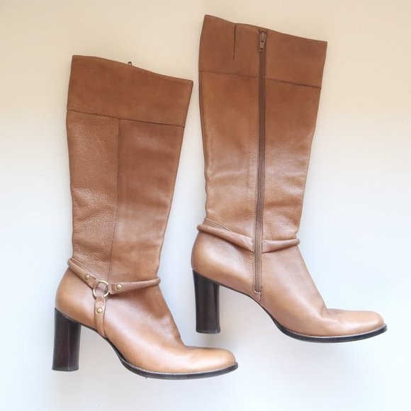 Uffizi Brown Leather Tall Heeled Boots With Metallic Harness Size 9.5 M - Picture 2 of 16